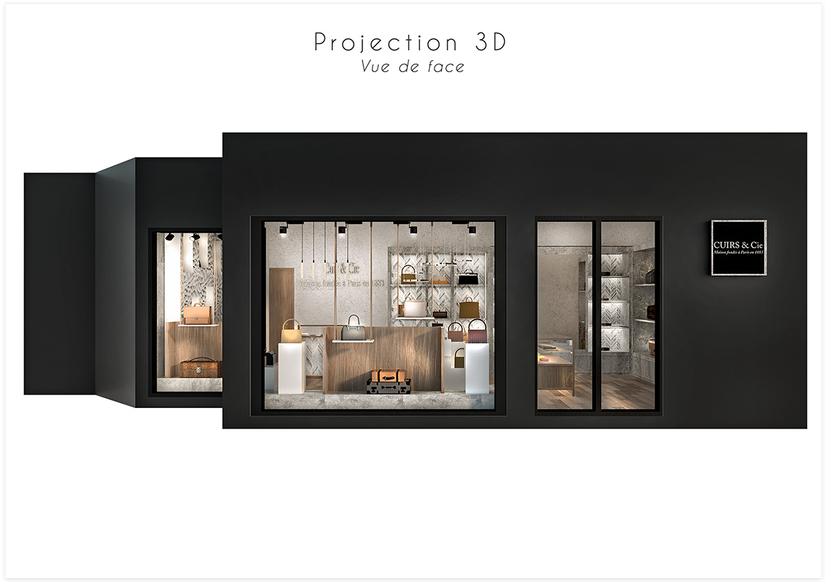 Aménagement et décoration d'une boutique de maroquinerie - Projection 3D