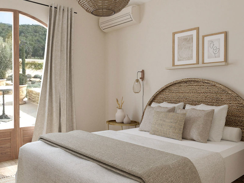 ELEGANCE ARCHITECTURE D'INTERIEUR DESIGNER D'INTERIEUR JENNIFER FAUCHART RENOVATION ET DECORATION D'UNE CHAMBRE BOHEME VILLA VALLAURIS ANTIBES CANNES MOUGINS MOUANS-SARTOUX