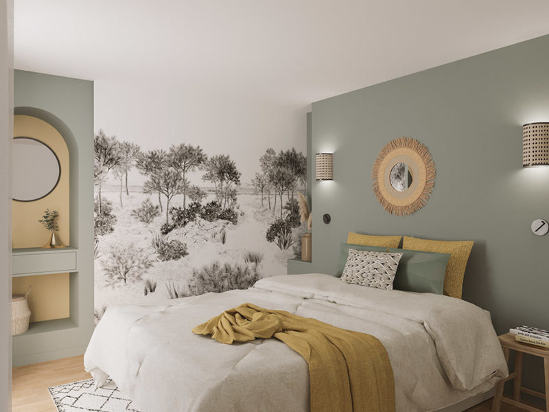 ELEGANCE ARCHITECTURE D'INTERIEUR DESIGNER D'INTERIEUR JENNIFER FAUCHART DECORATION ET AMEUBLEMENT CHAMBRE PARENTALE PAPIER PEINT PANORAMIQUE MEUBLE SUR MESURE ANTIBES CANNES MOUGINS MOUANS-SARTOUX