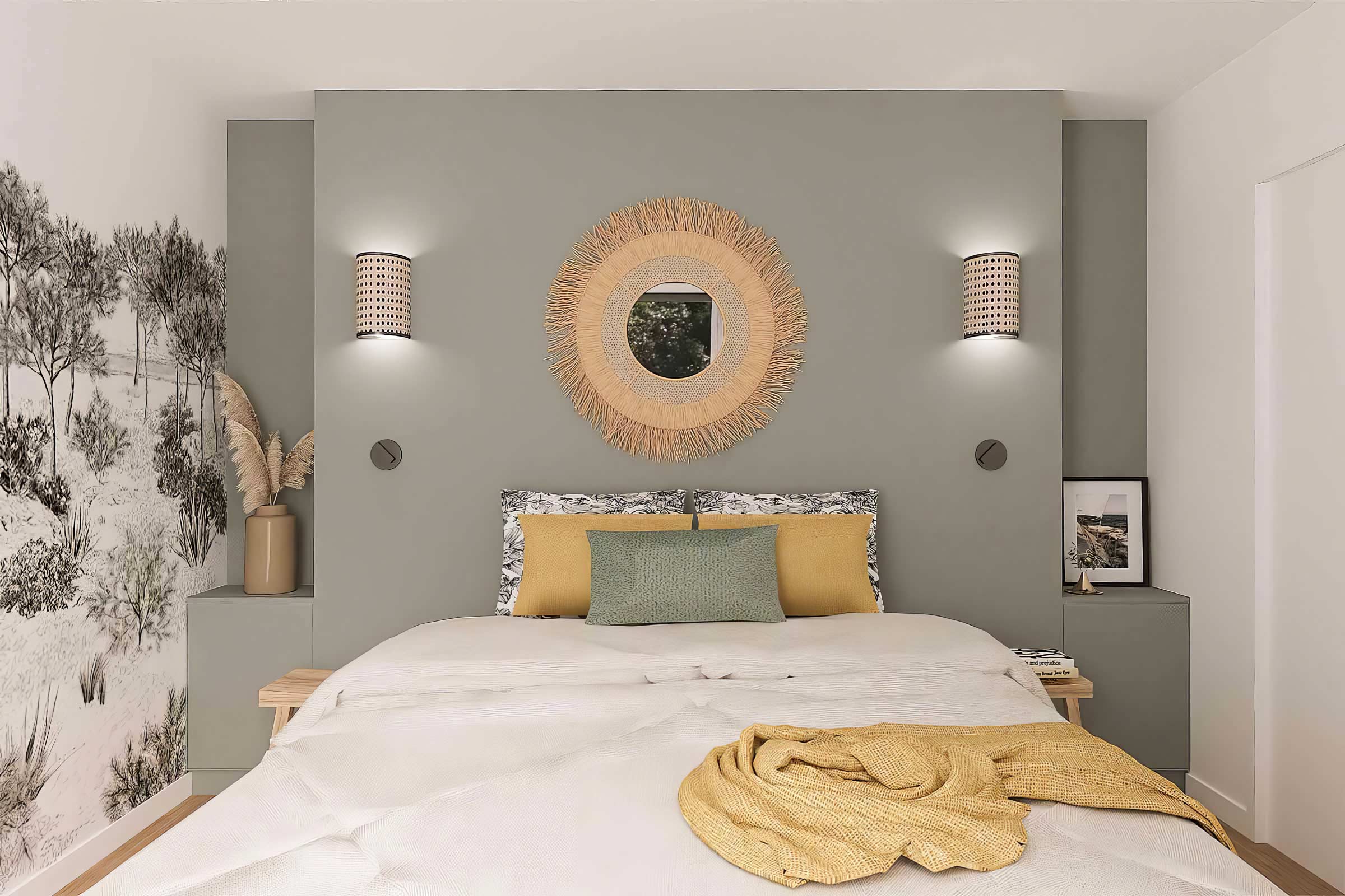 ELEGANCE ARCHITECTURE D'INTERIEUR DESIGNER D'INTERIEUR JENNIFER FAUCHART DECORATION ET AMEUBLEMENT CHAMBRE PARENTALE PAPIER PEINT PANORAMIQUE MEUBLE SUR MESURE ANTIBES CANNES MOUGINS MOUANS-SARTOUX