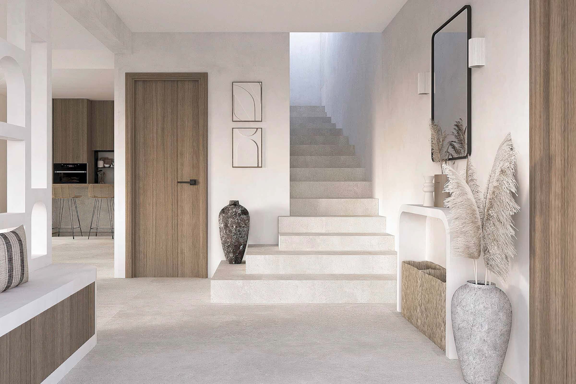 Entrée d'une villa décorée dans une ambiance méditerranéen minimaliste à Antibes par Jennifer Fauchart, designer d'intérieur agence ELEGANCE