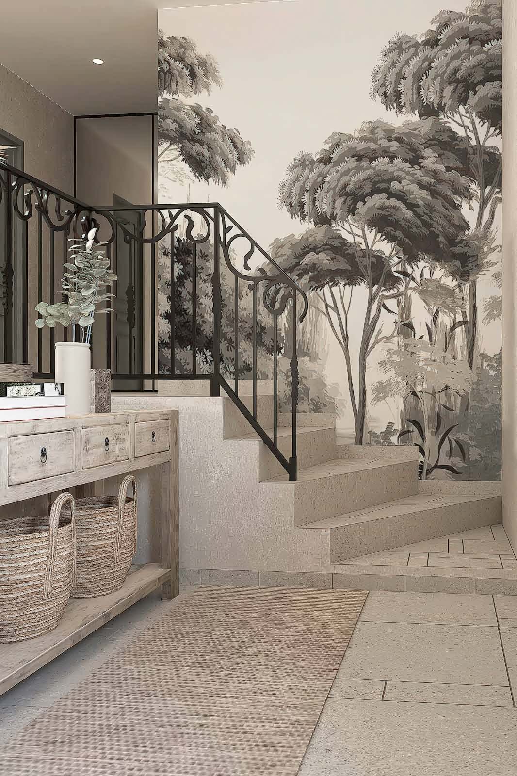 Montée d’escalier dans une villa provençale modernisée à Mougins, avec papier peint panoramique et console en bois brut, dans un style méditerranéen – Agence Elegance, architecture d’intérieur