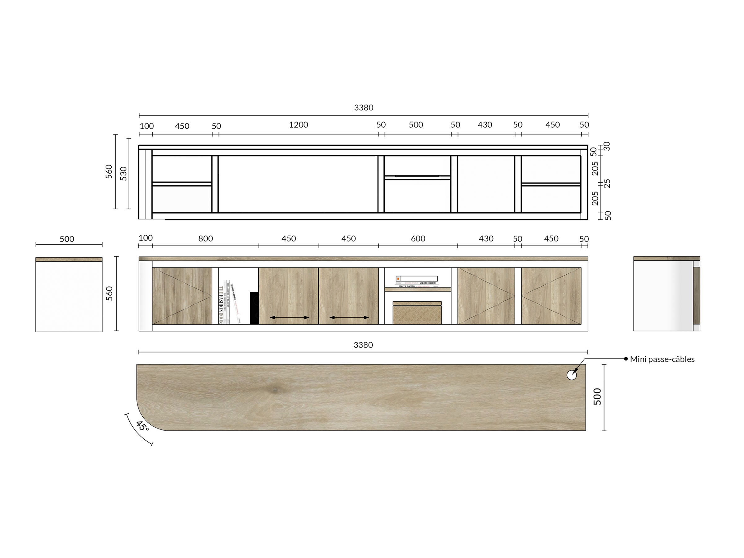 Plan technique détaillé d'un meuble TV sur mesure dessiné par Jennifer Fauchart, l'agence Elegance à Mougins, avec des dimensions et finitions bois clair