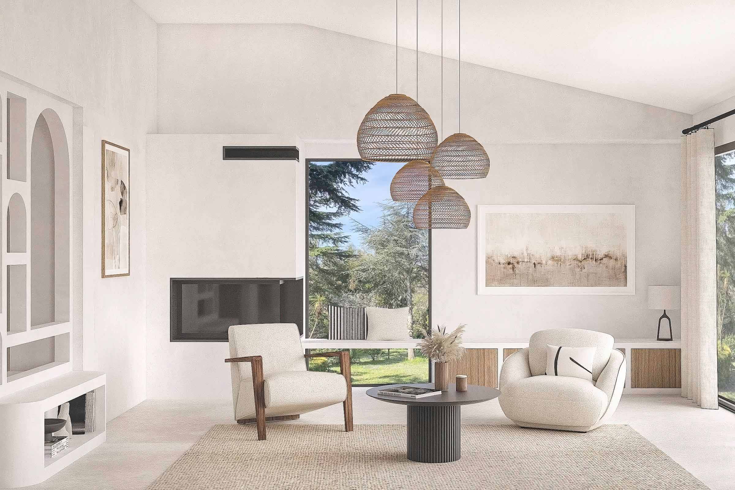 Salon d'une villa décorée dans un style méditerranéen minimaliste à Antibes par Jennifer Fauchart, designer d'intérieur agence ELEGANCE