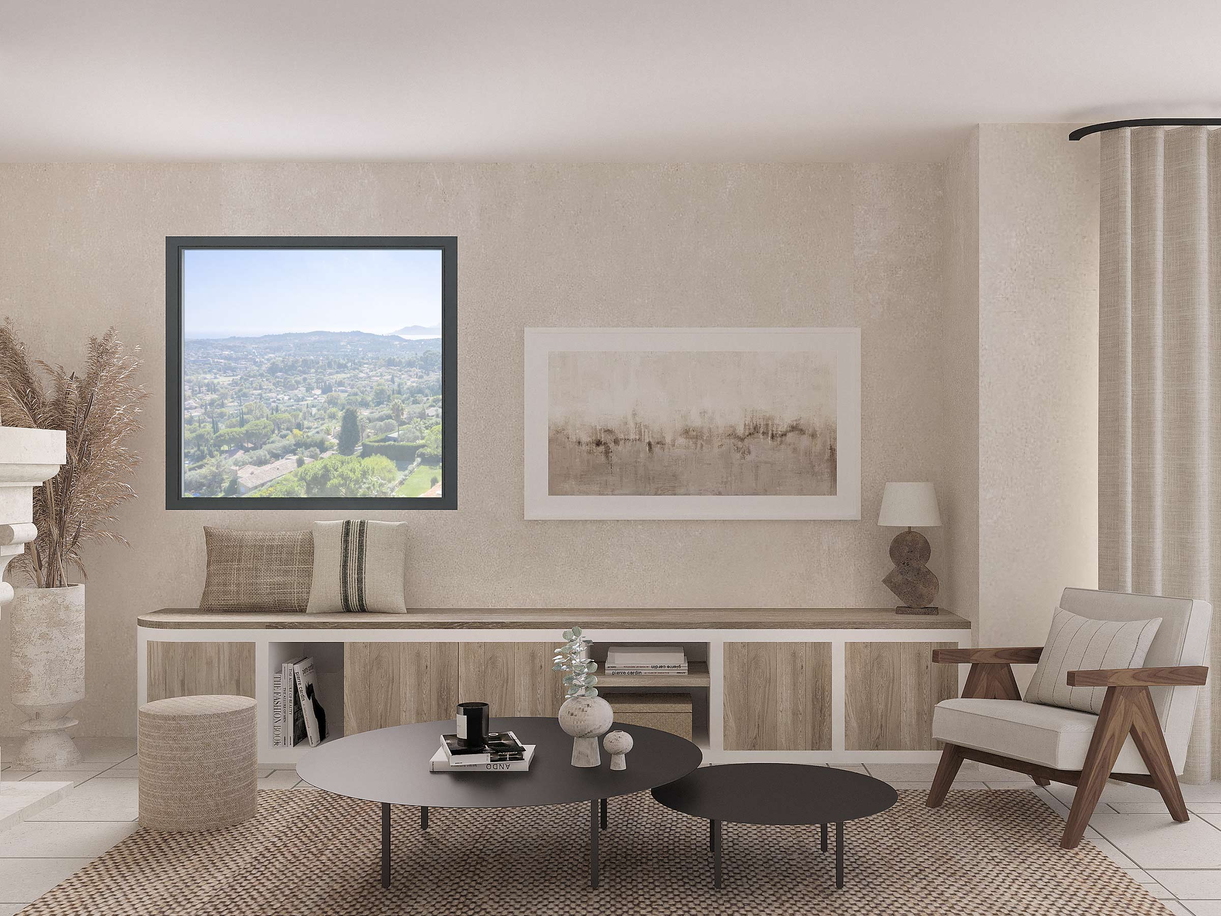 Modèle 3D d'un meuble TV sur mesure dessiné par Jennifer Fauchart agence elegance à Mougins, avec des finitions bois dans un salon moderne
