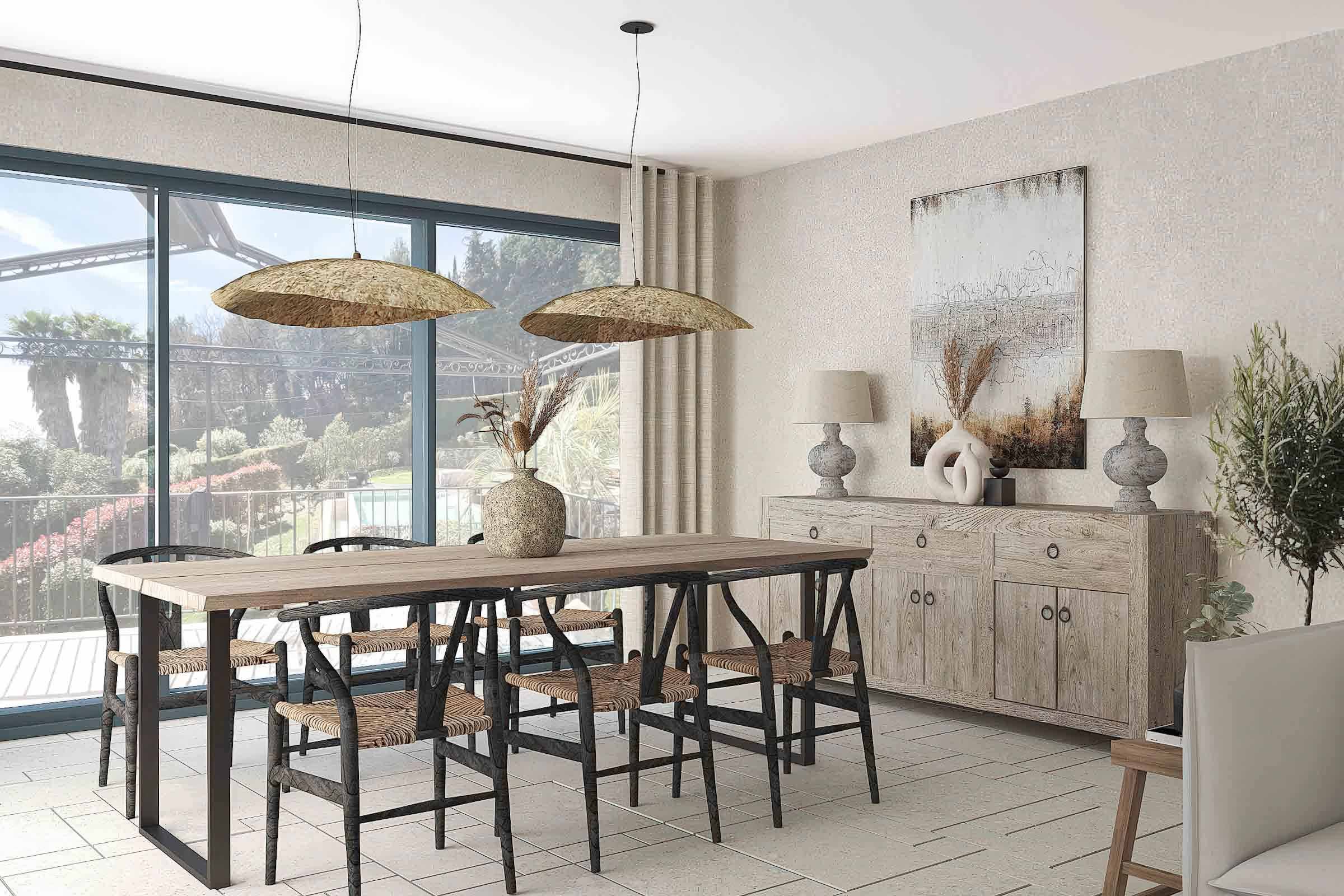 Décoration méditerranéenne de salle à manger avec mobilier en bois d’orme dans une villa à Mougins